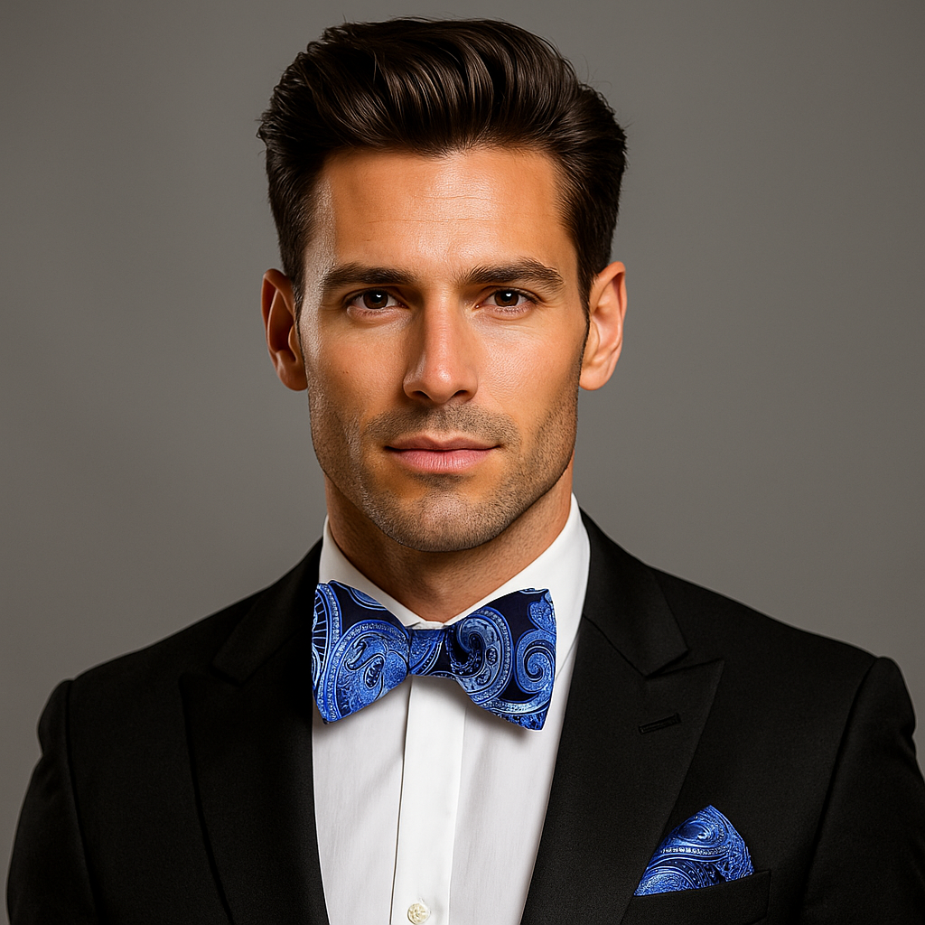 Close-up of elegant paisley bow tie in black and blue silk for weddings