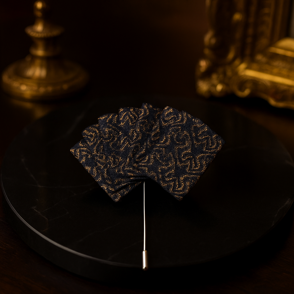 Close-up of the luxury lapel pin made from zinc alloy, complementing the pocket square.