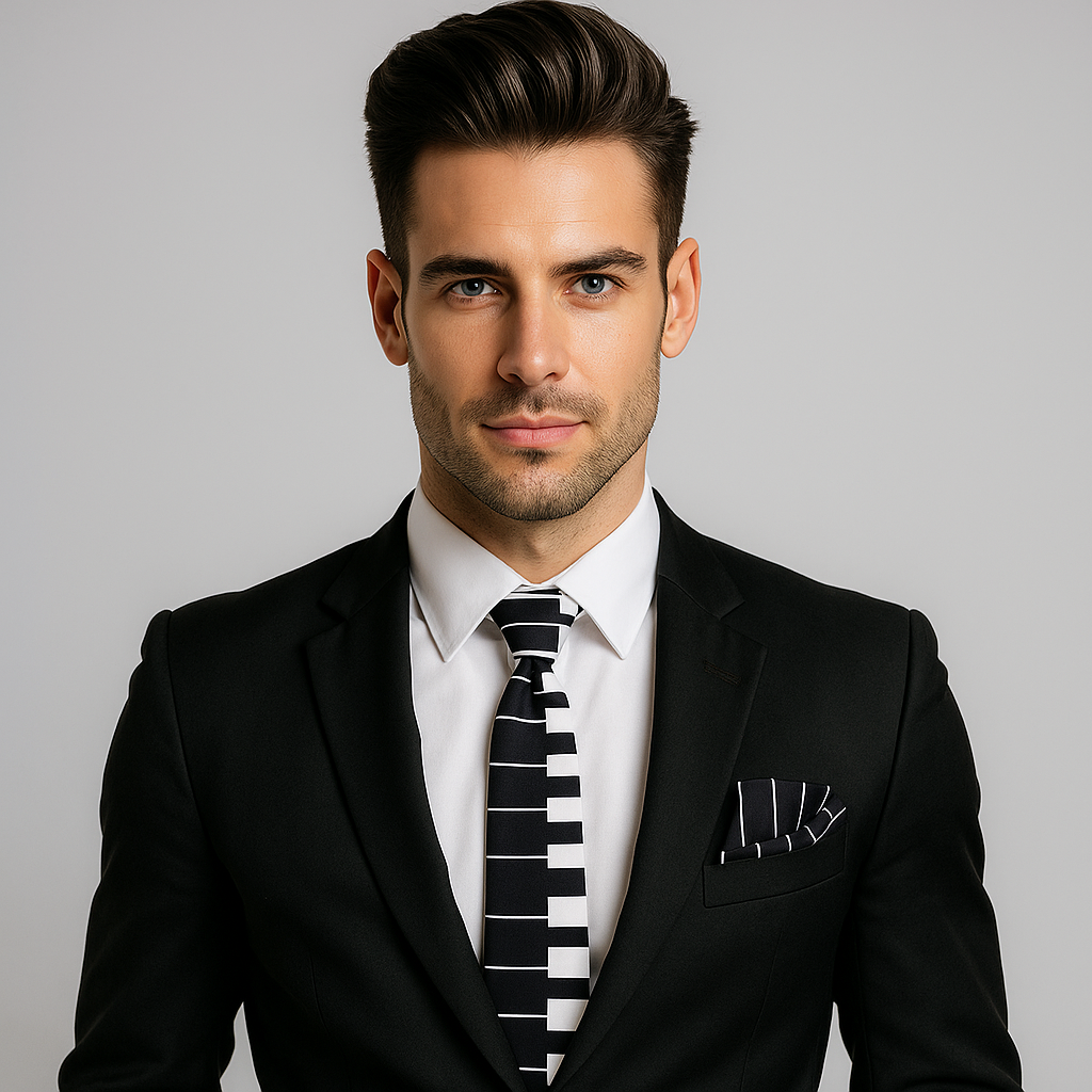 Close-up of black and white piano tie with silk sheen, perfect for formal music events