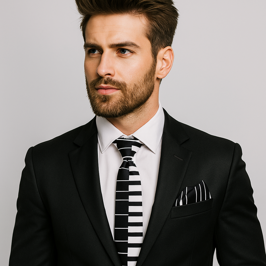 Close-up of black and white piano tie with silk sheen, perfect for formal music events