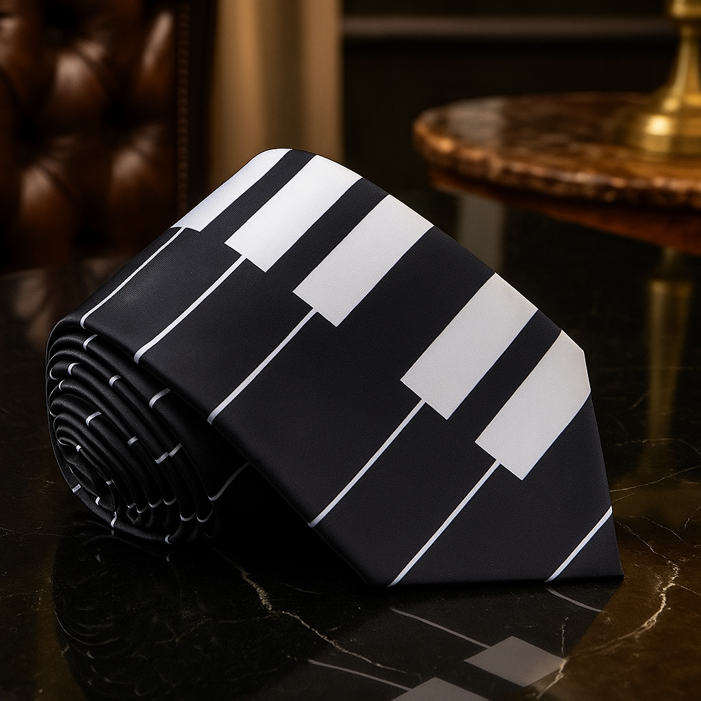 Elegant silk music tie with piano keys pattern displayed flat for style presentation