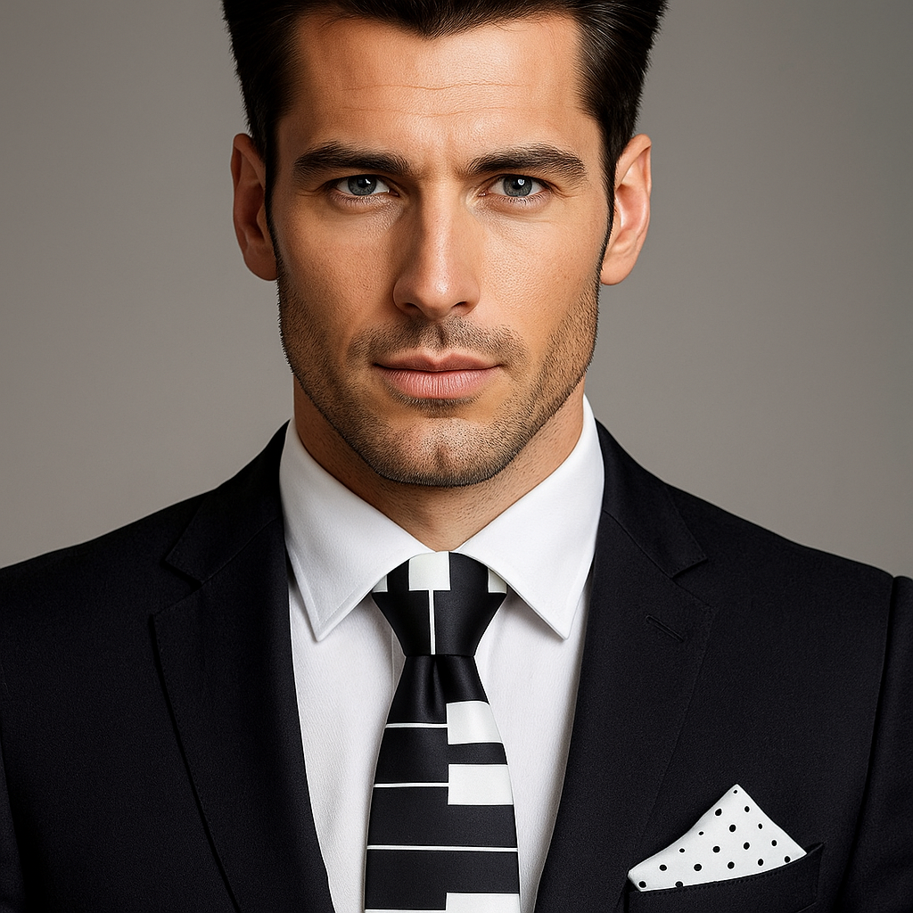 Man wearing stylish black and white piano tie with suit at a concert