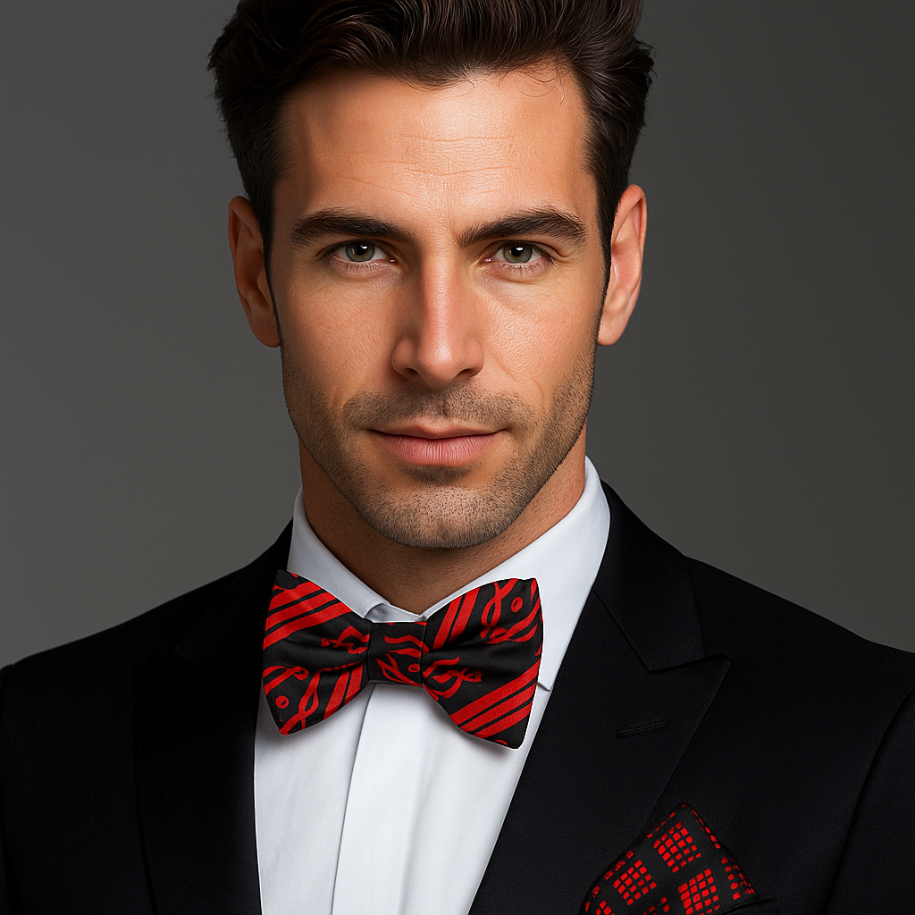 Scarab motif black bow tie with red lines displayed on a formal shirt, showcasing its intricate design.