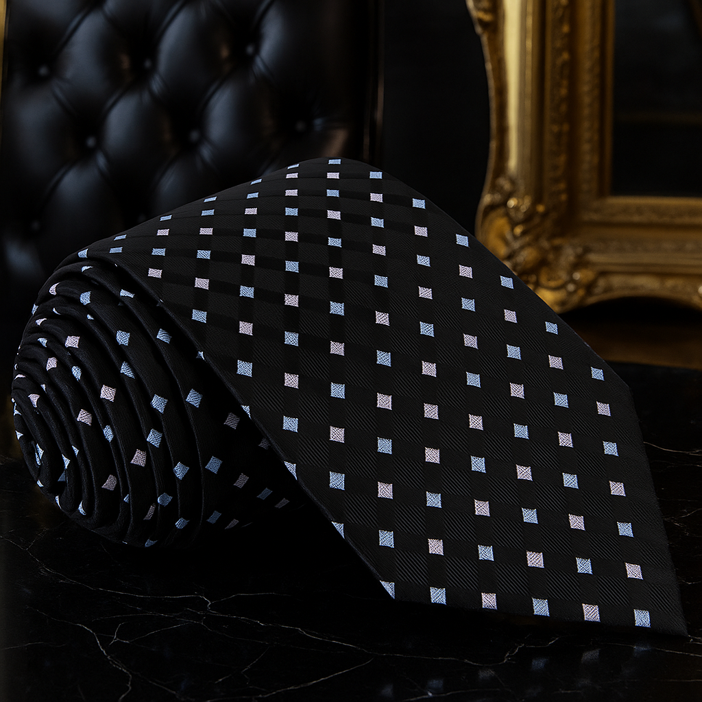 Man wearing geometric silk necktie with light blue shirt and navy suit