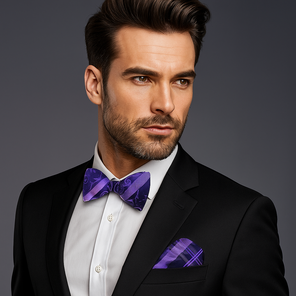 Regal purple silk bow tie featuring light purple stripes and a vine pattern, showcased on a white dress shirt.