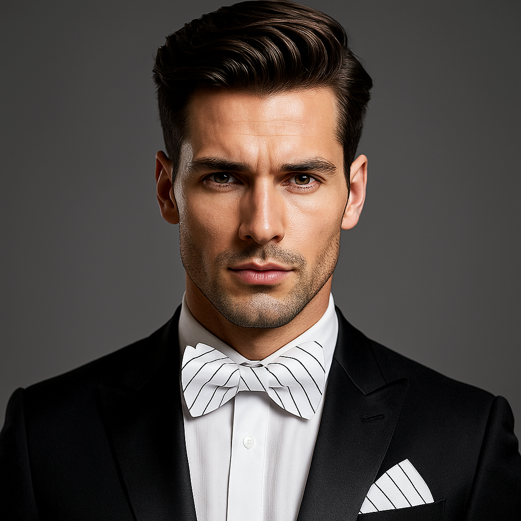 Flat lay of white and black striped bow ties with matching pocket squares, ideal for formal occasions.