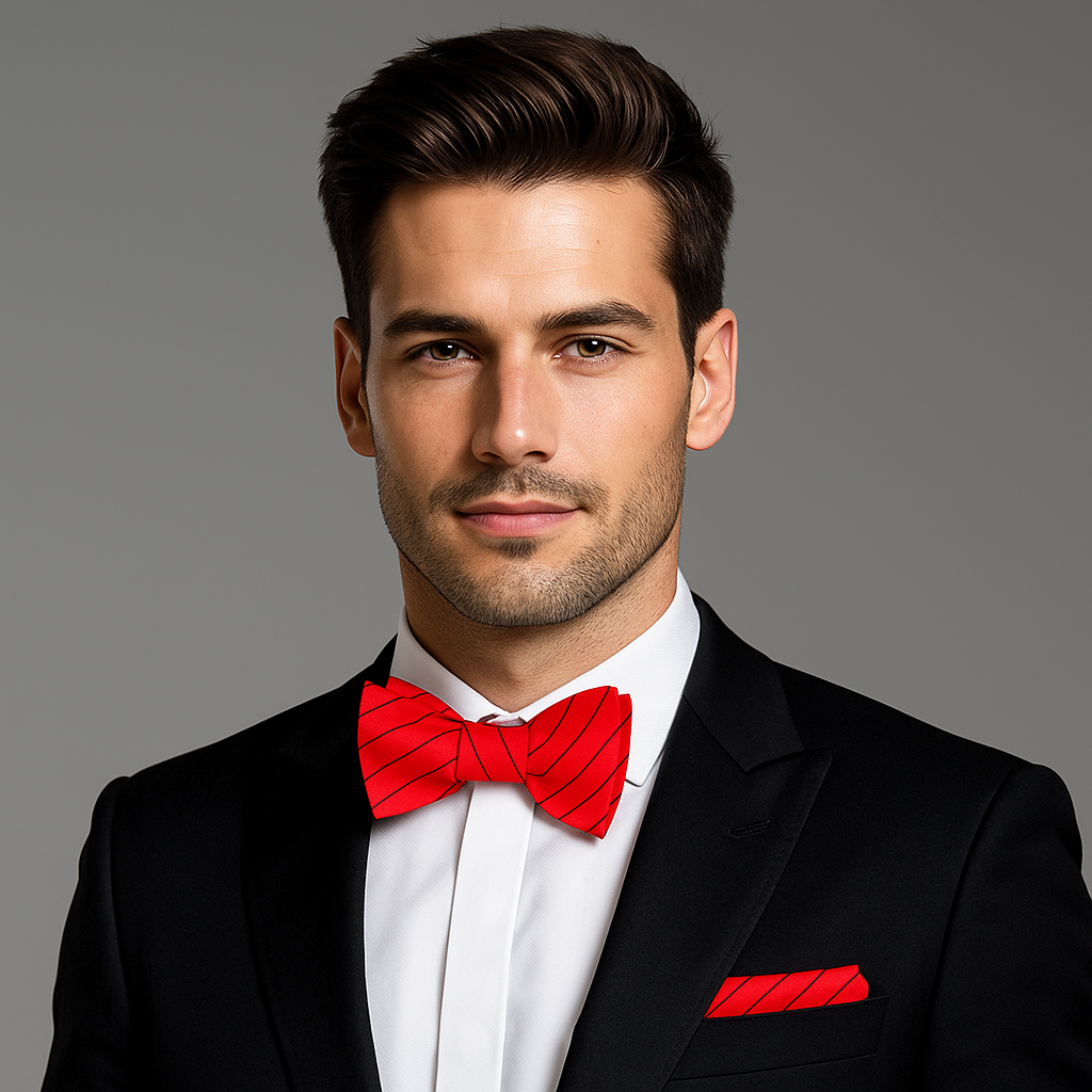 Close-up of a red and black striped bow tie, showcasing its elegant design and silk texture.