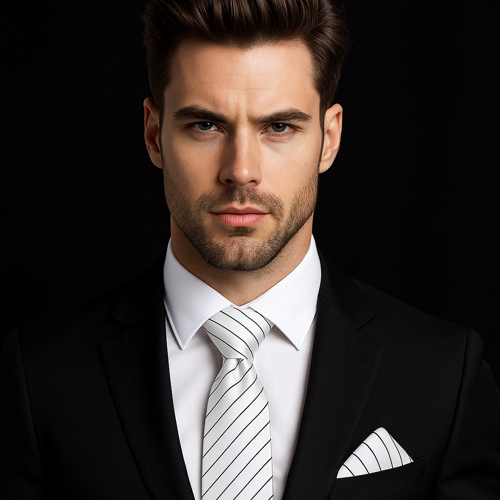 Display of the striped necktie collection alongside matching pocket squares for a cohesive look