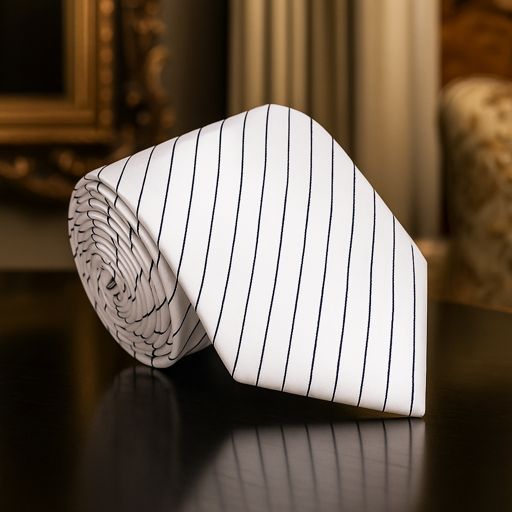 Close-up of the yellow striped necktie showcasing its fine details and texture