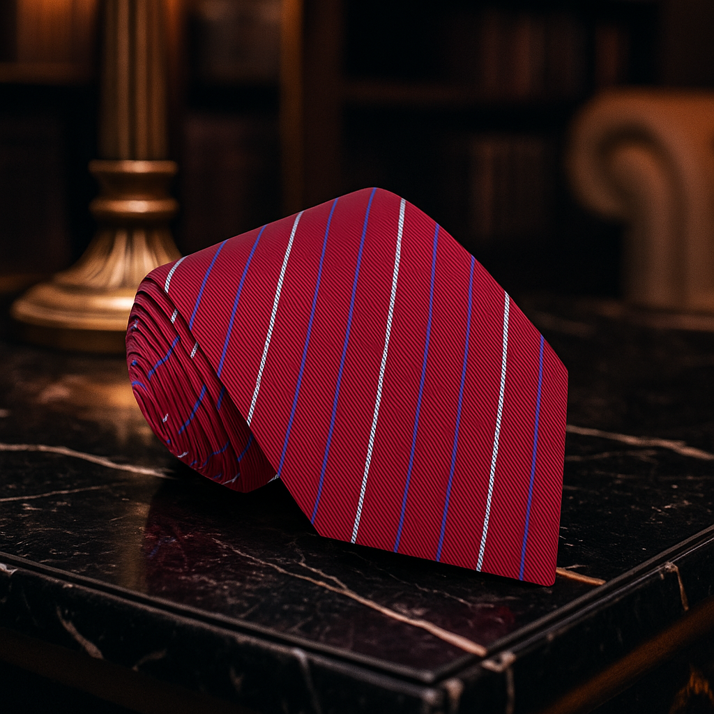 A model wearing the white striped necktie with a tailored suit, perfect for formal events