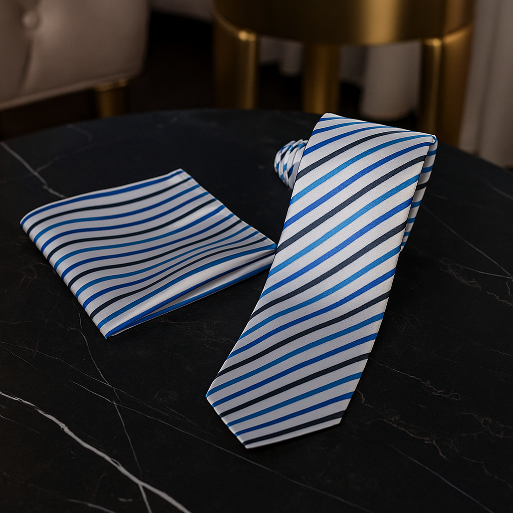 A model wearing the white striped necktie with a tailored suit, perfect for formal events