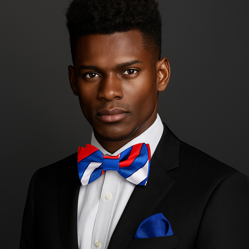 Close-up of the Patriotic Stripe Silk Bow Tie highlighting the vibrant red, white, and blue colors.