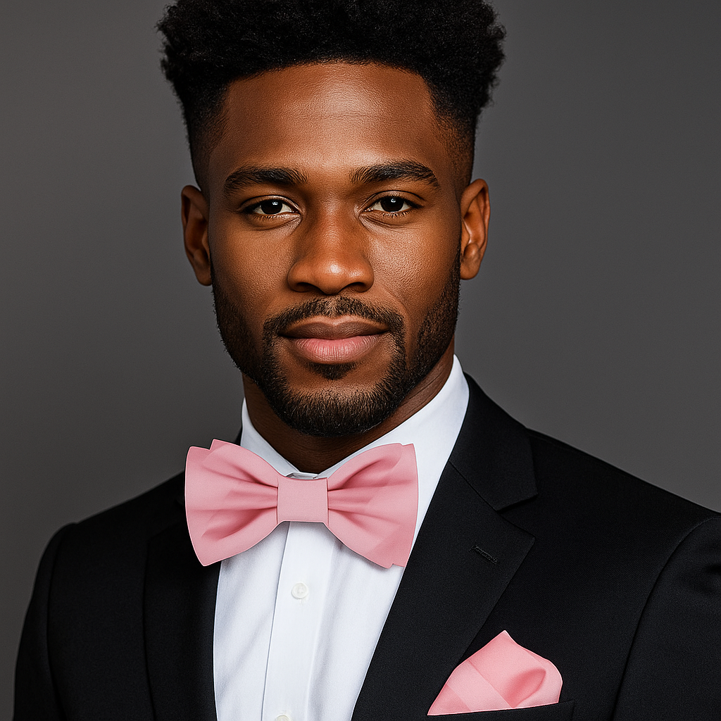 Close-up of a vibrant silk stripe bow tie with matching pocket square for formal occasions