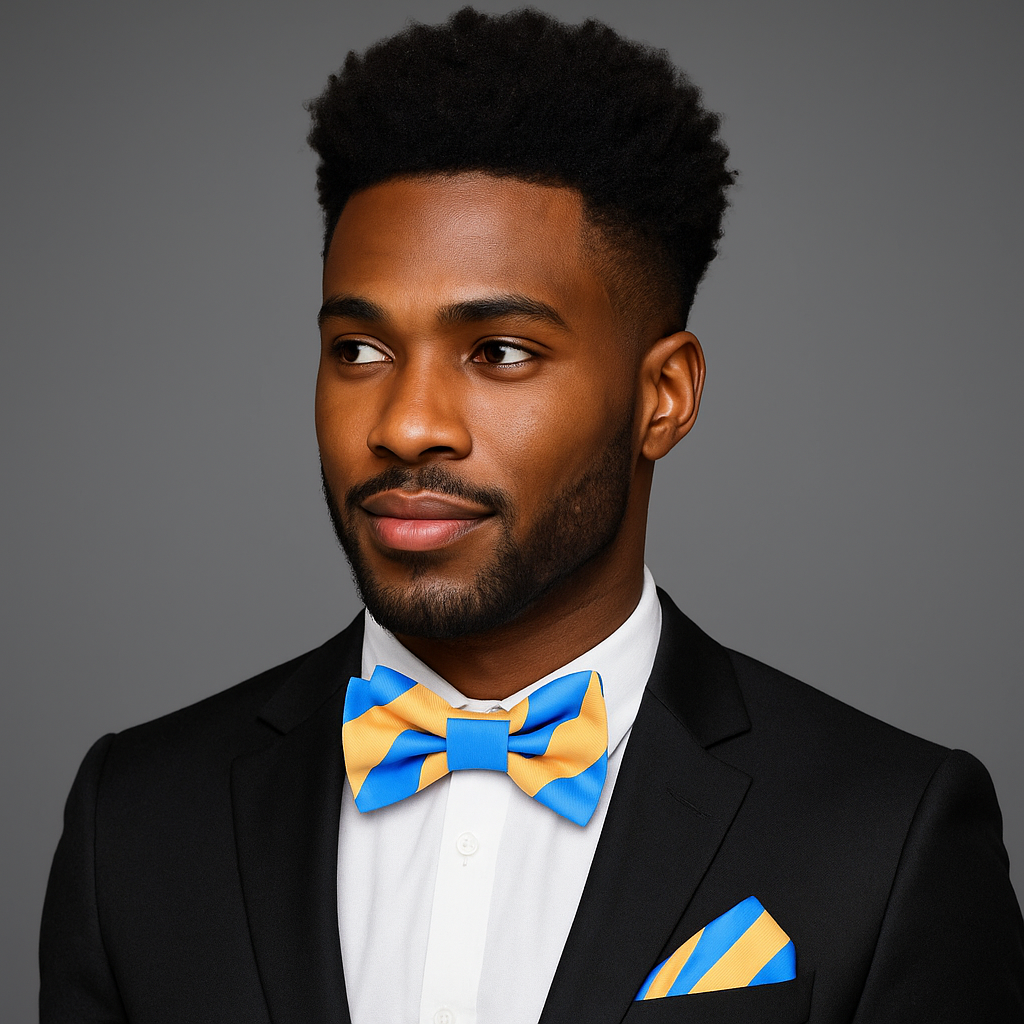 Man wearing a pre-tied stripe bow tie with a tailored suit at a wedding