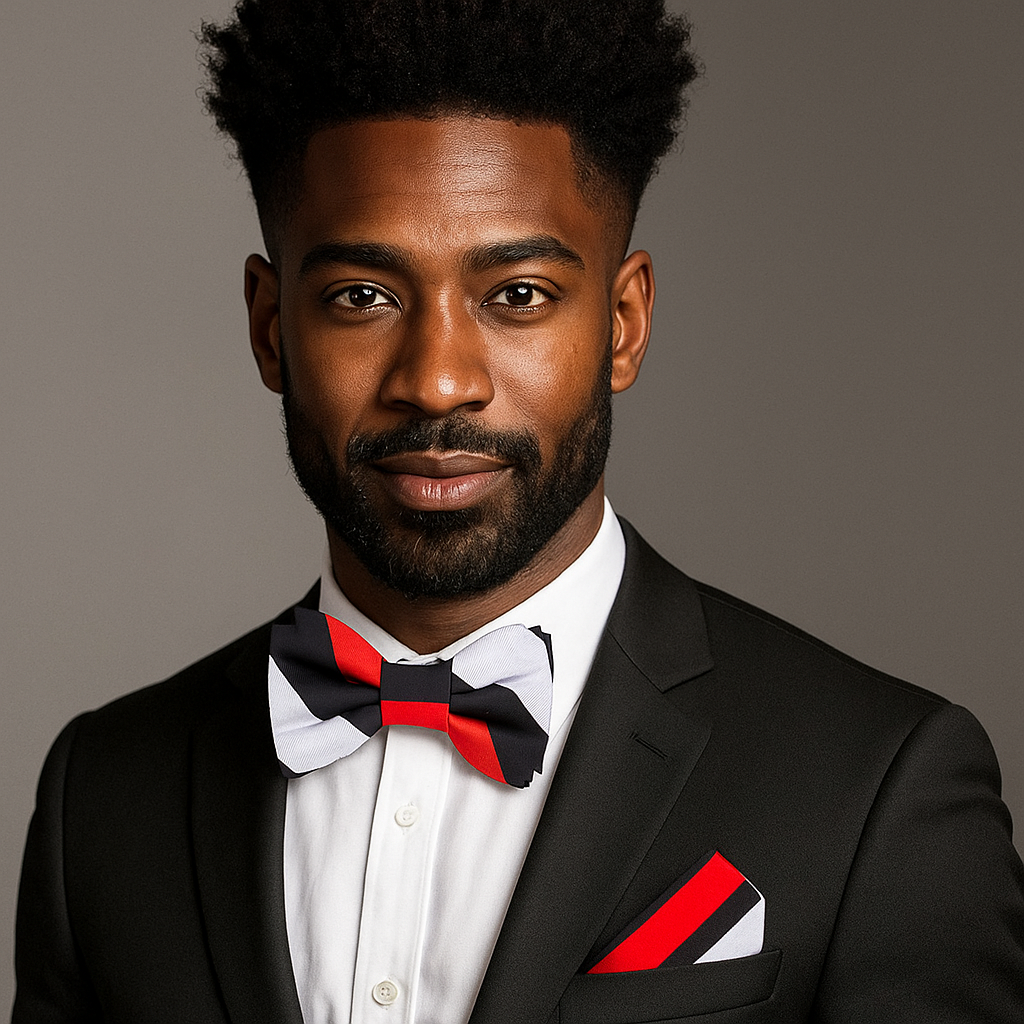Stylish silk stripe bow tie paired with a crisp white dress shirt and navy blazer