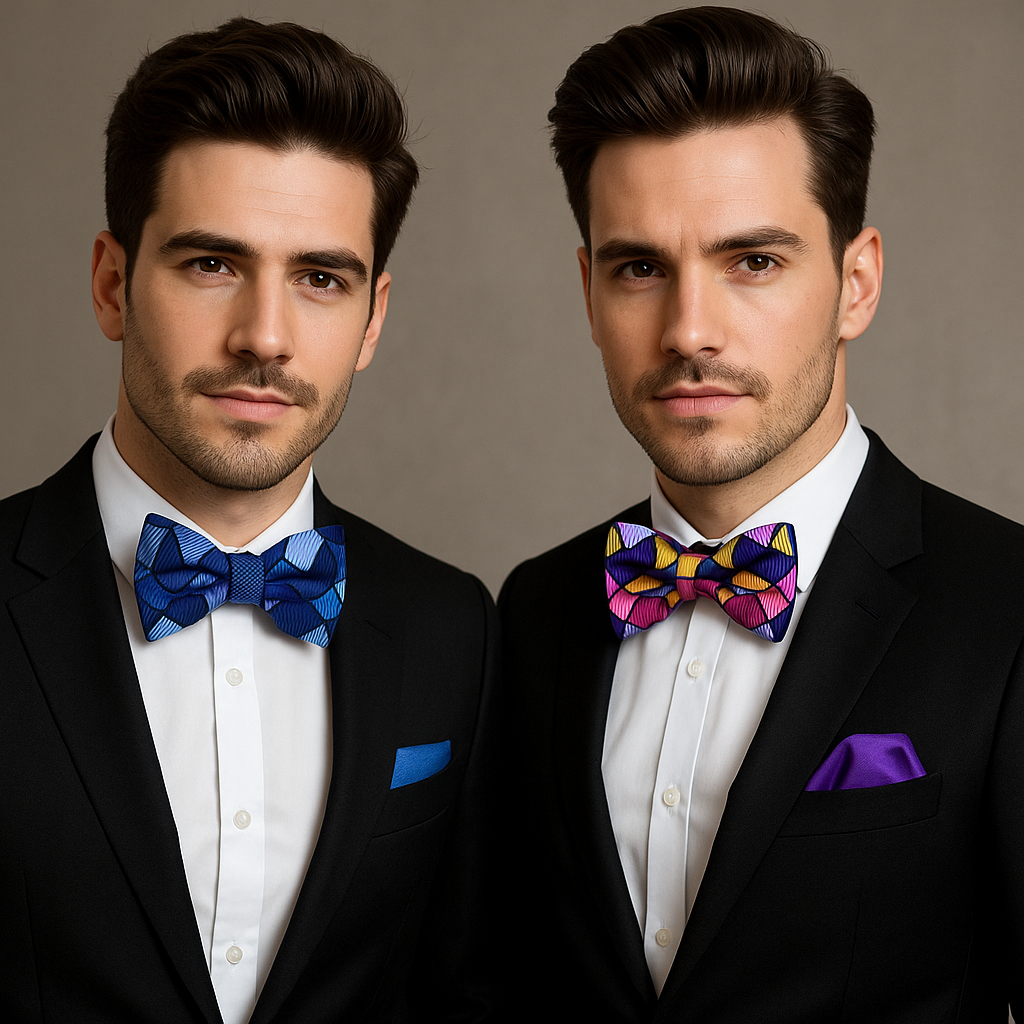 Close-up of the stylish blue self-tie bow tie showcasing the geometric design.