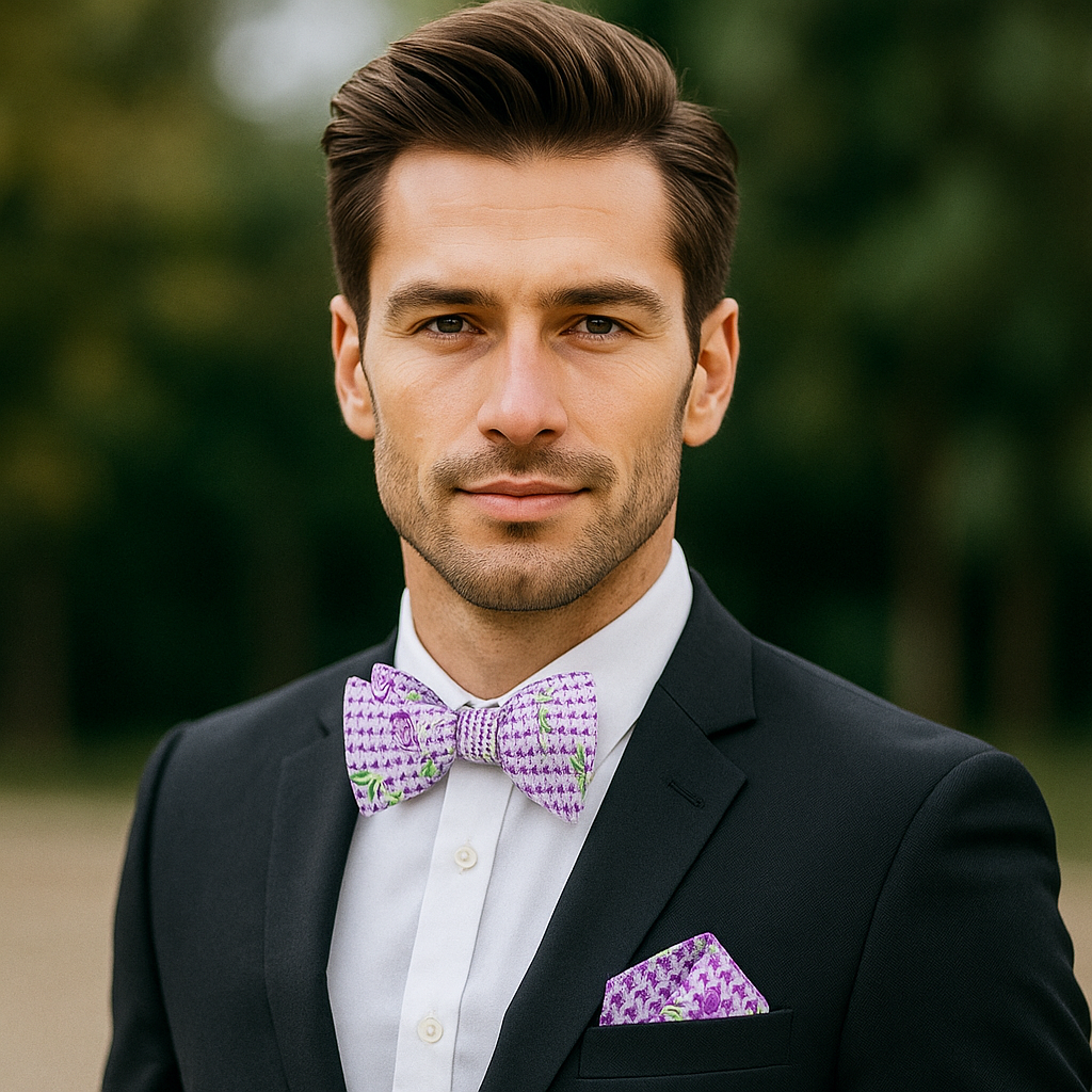 Styled floral bow tie paired with a white dress shirt for wedding attire