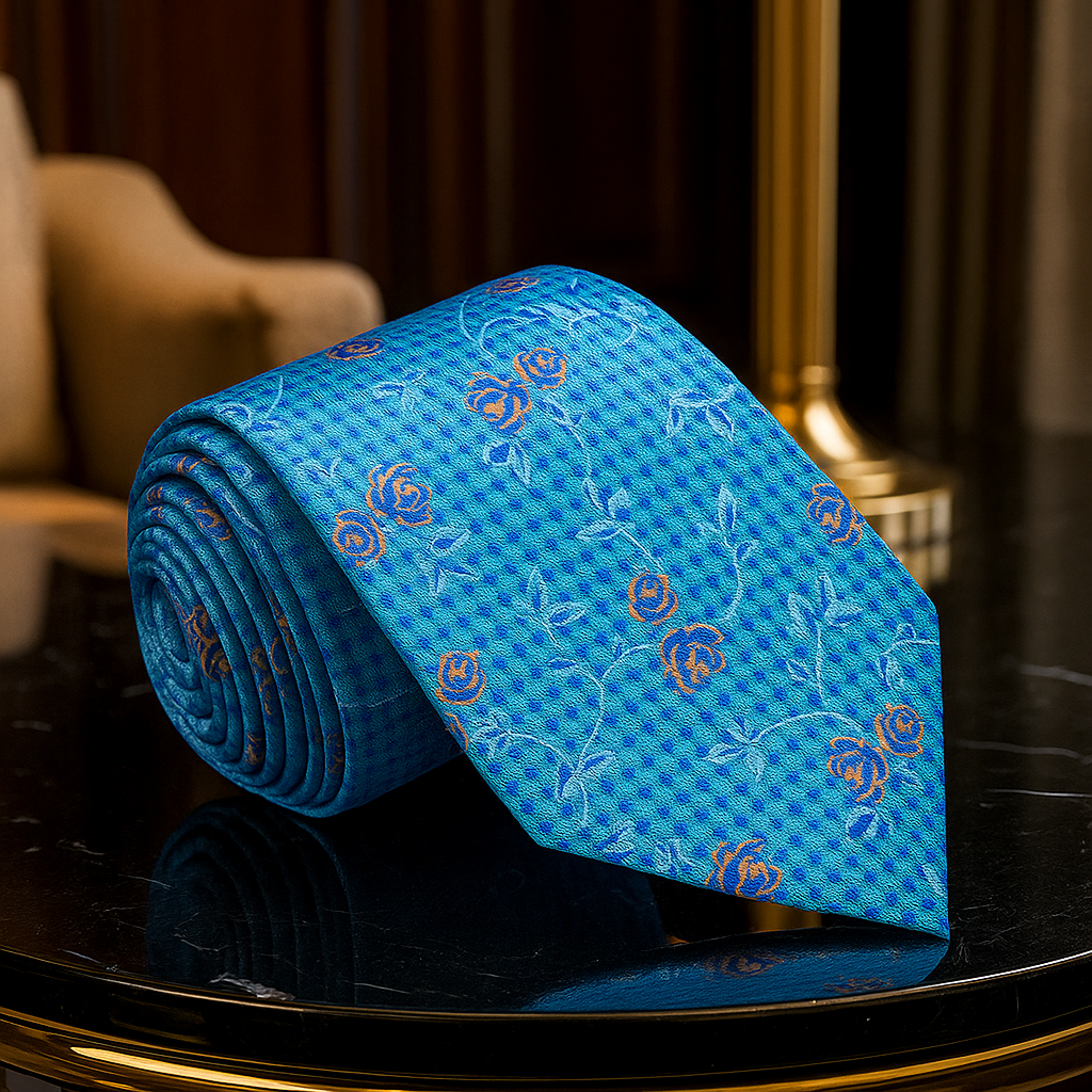 Silk flower pattern necktie in blue and pink shades, perfect for spring weddings