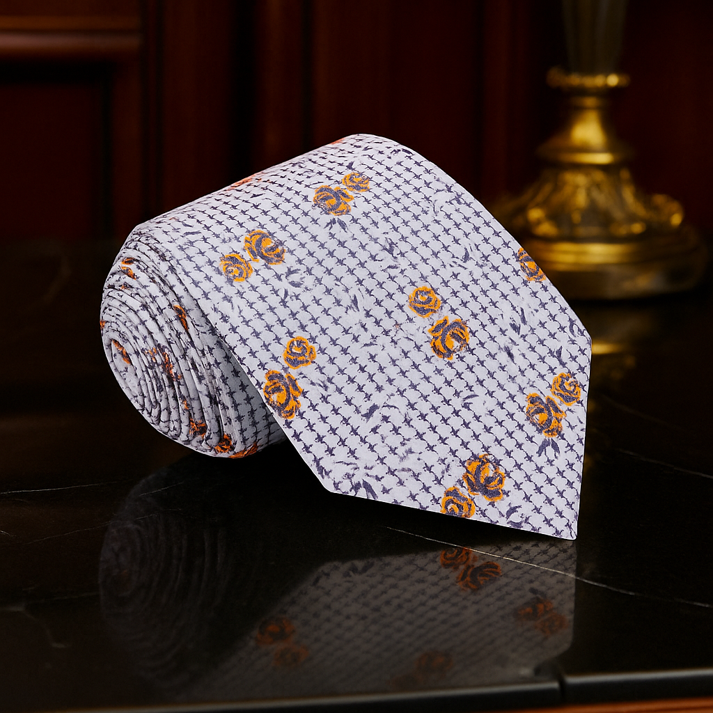 Silk flower pattern necktie in blue and pink shades, perfect for spring weddings