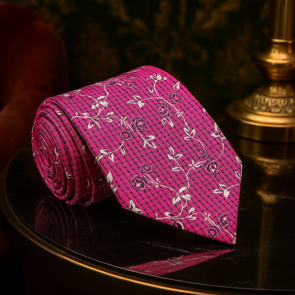 Close-up of the intricate vine and flower pattern on a stylish silk necktie