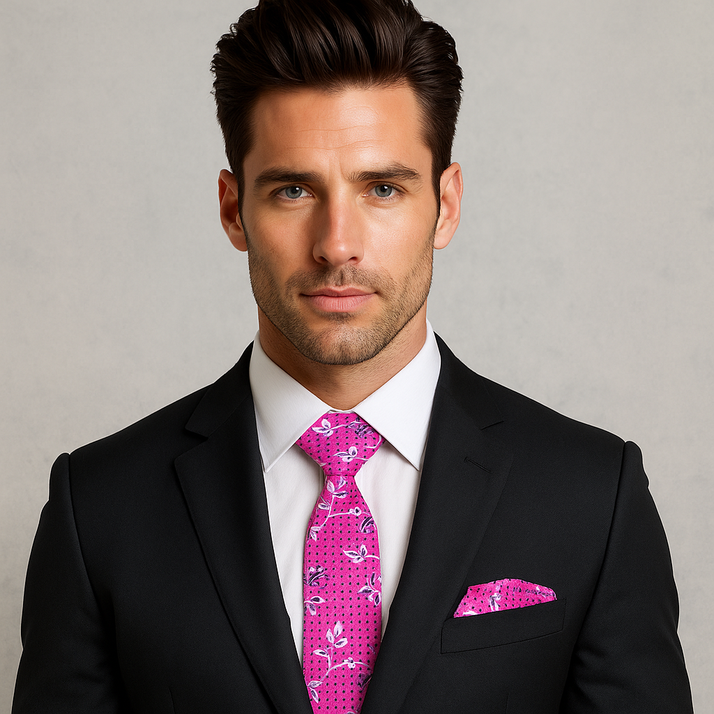 Silk flower pattern necktie in blue and pink shades, perfect for spring weddings