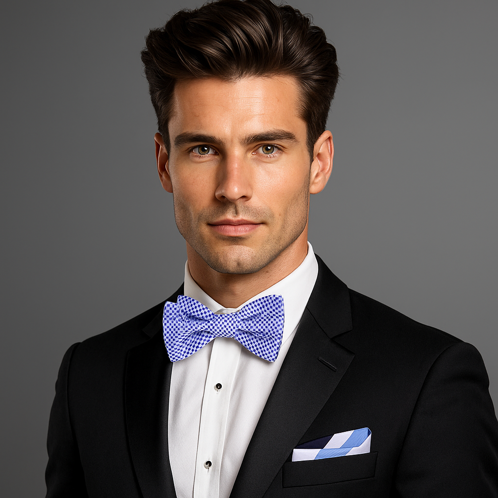 Front view of a light blue geometric bow tie for formal events