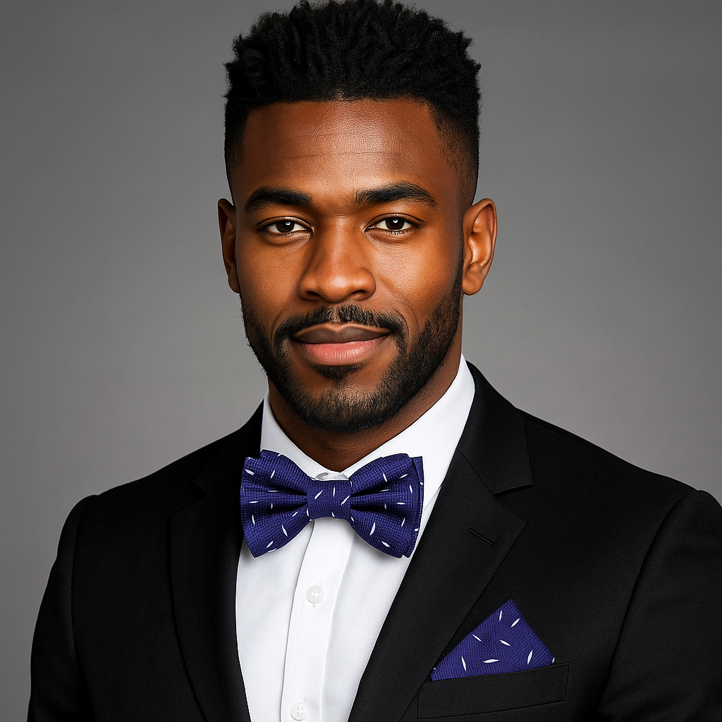 Navy blue bow tie with light blue and white dash pattern, displayed on a crisp white shirt.