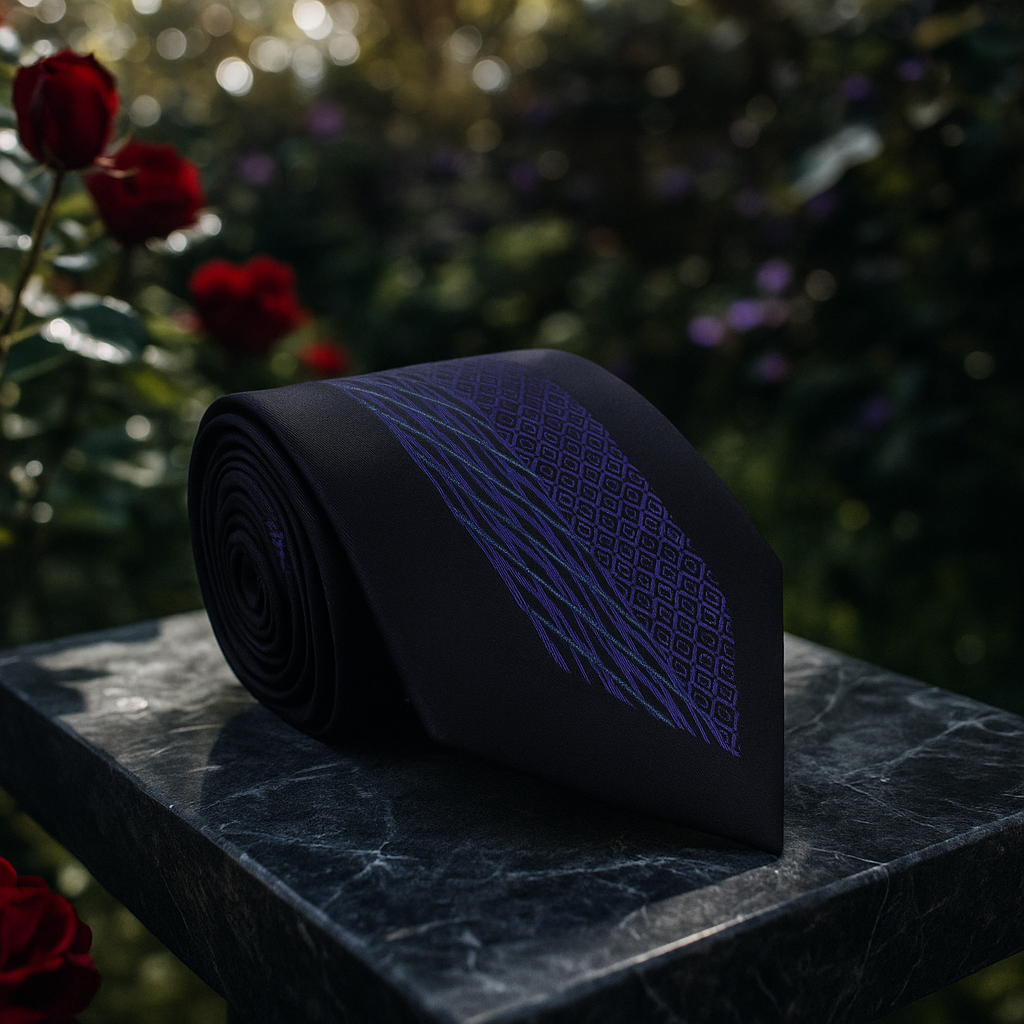 Close-up of the artisan dark blue silk necktie showcasing its abstract pattern.
