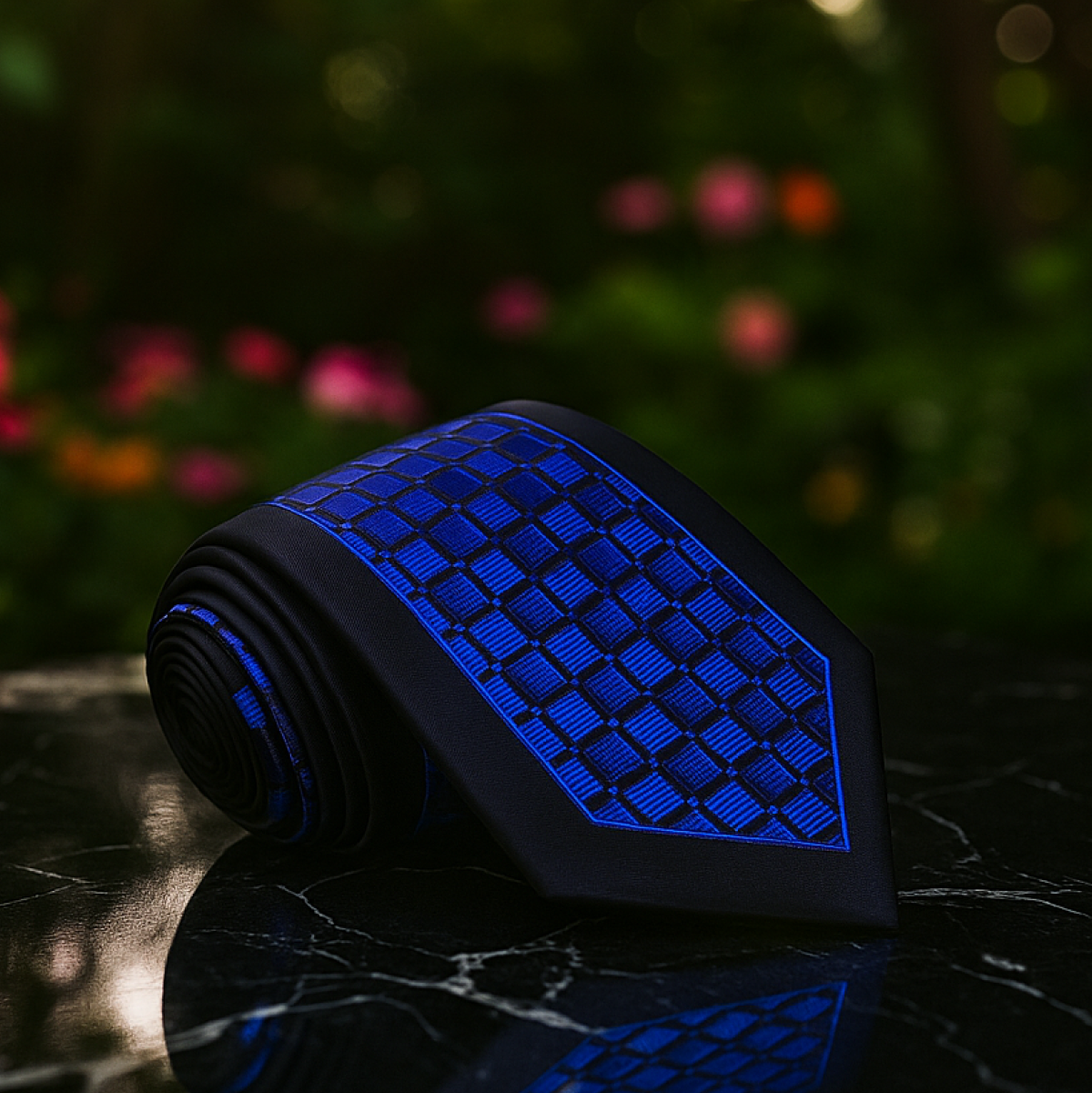 Close-up view of the geometric pattern on the blue honeycomb necktie, highlighting its sleek design.