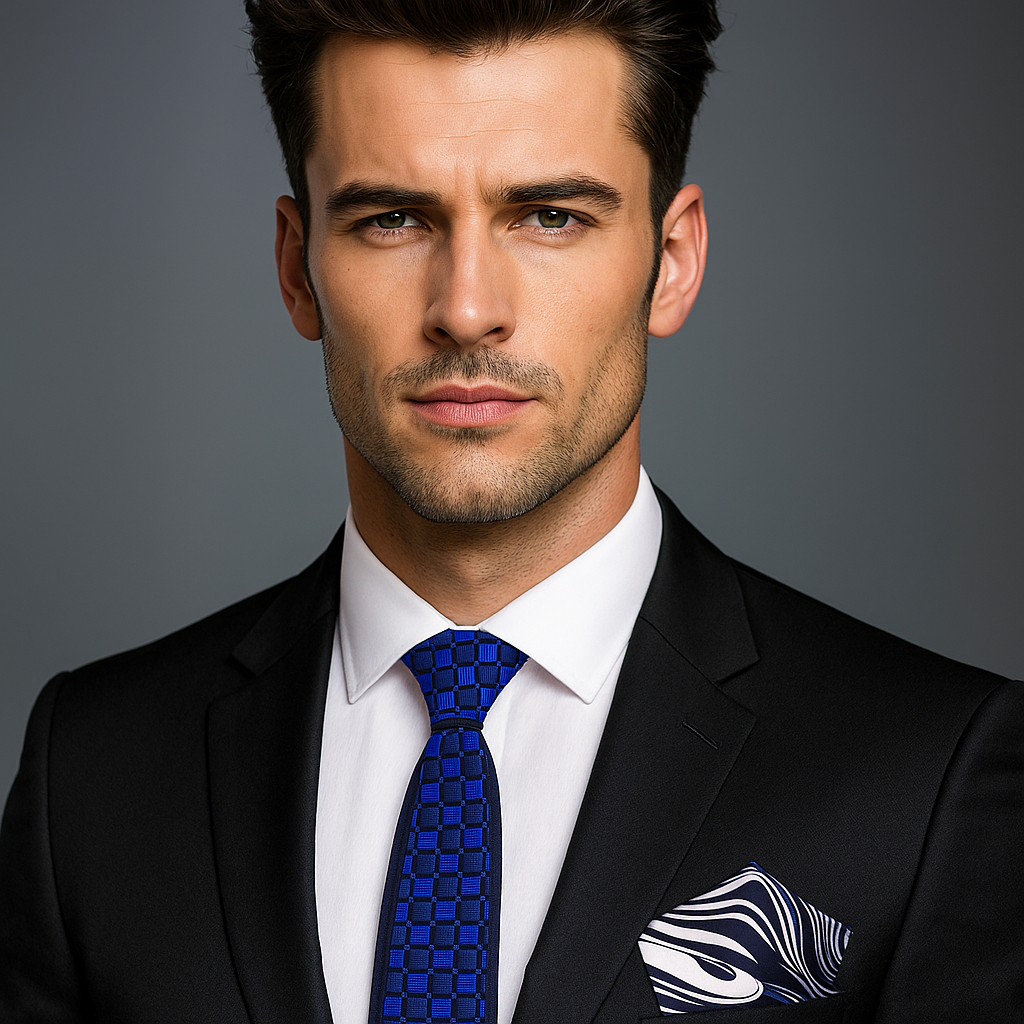 Elegant blue honeycomb silk necktie displayed on a white dress shirt, showcasing its texture and color blend.