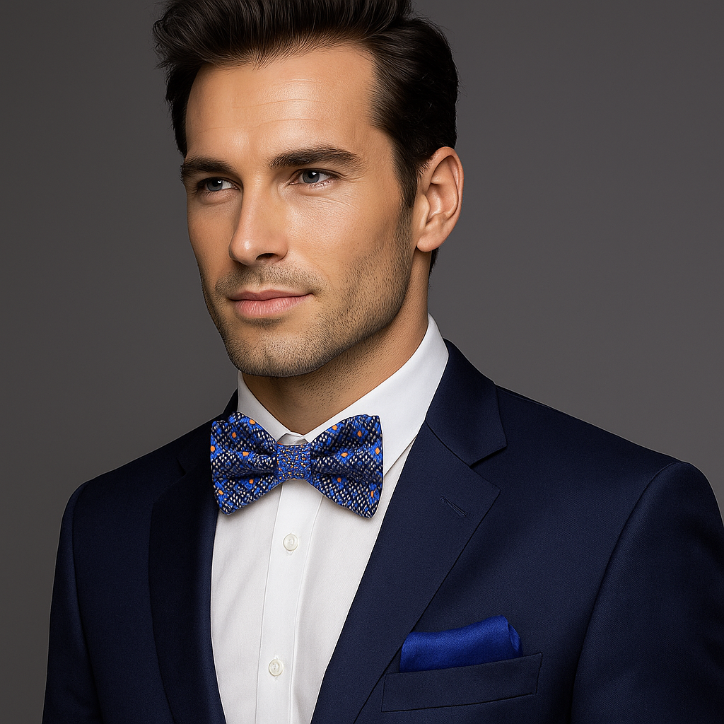 Close-up of blue geometric silk bow tie with pattern, showing detailed design and vibrant colors