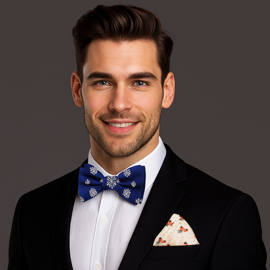 Close-up of the Midnight Snowfall Plaid Bow Tie showing detailed snowflake pattern and silk texture