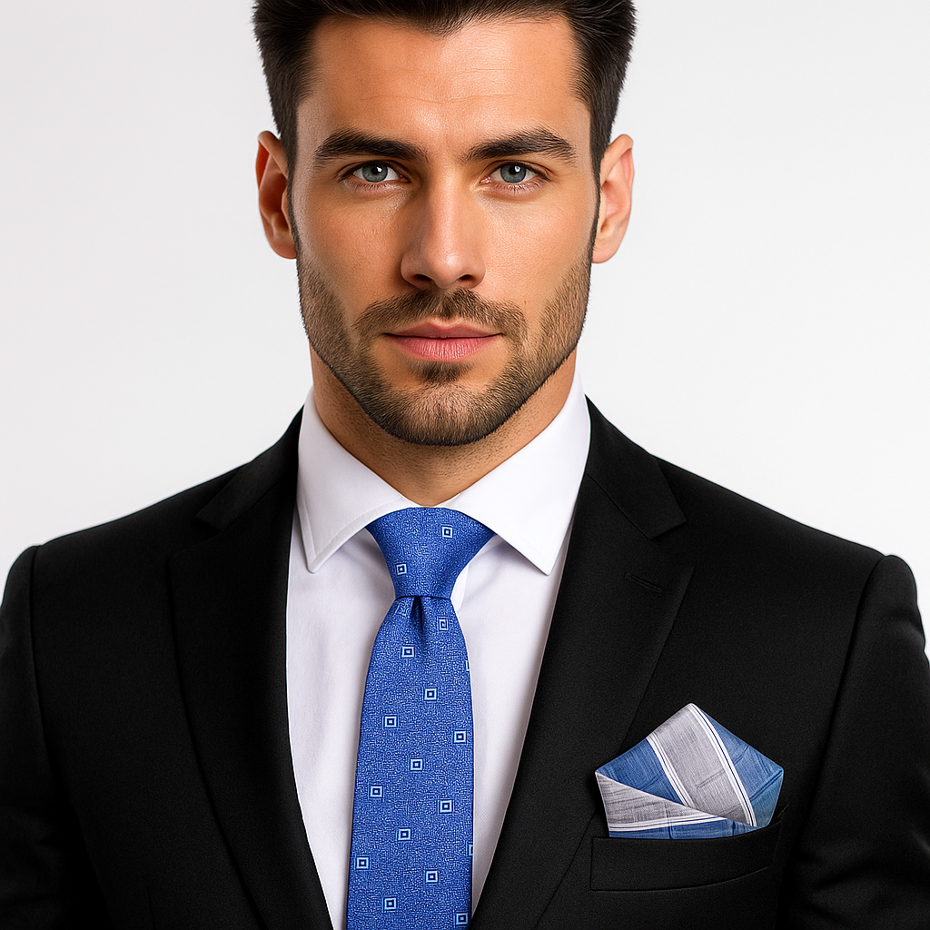 Close-up of blue geometric silk necktie with medallion pattern, ideal for formal events