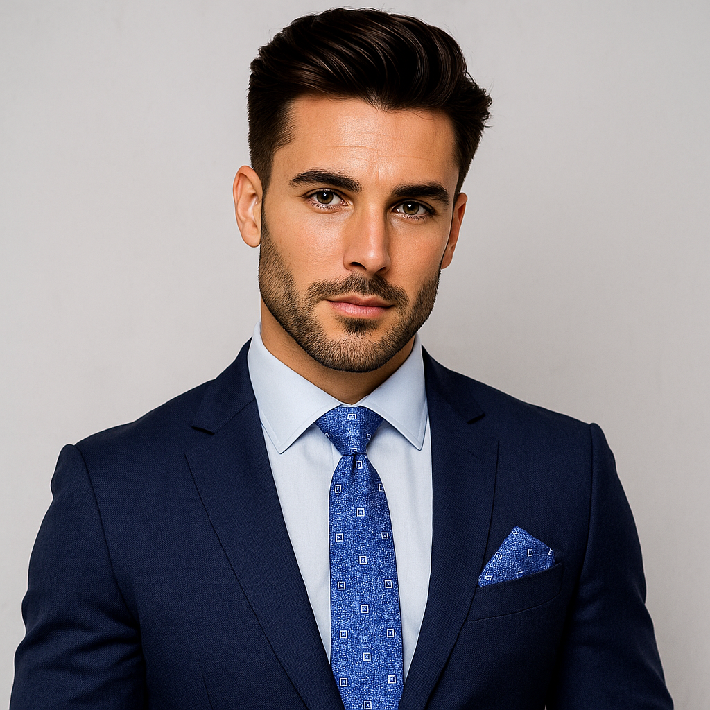 Man wearing blue geometric tie with navy suit at a business meeting