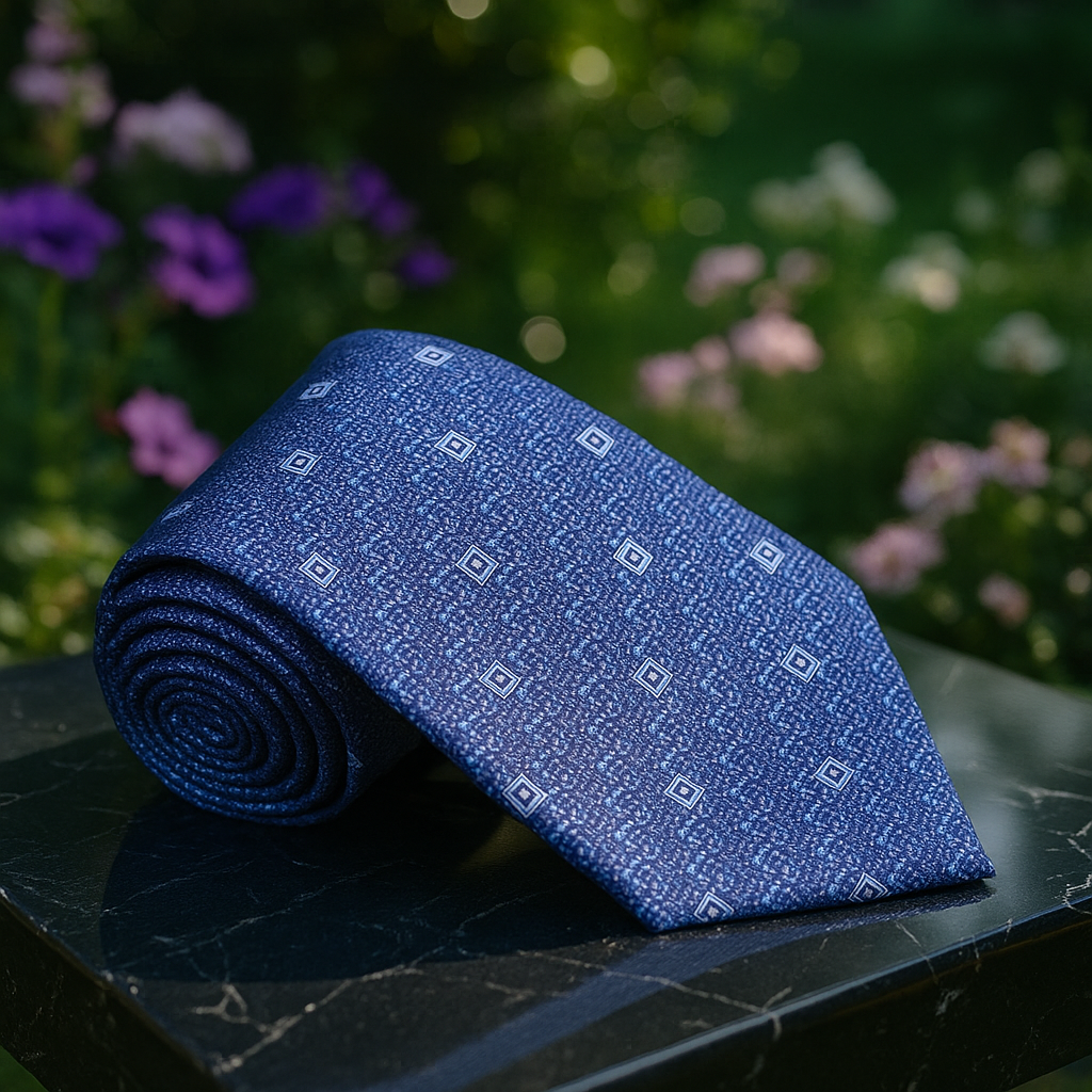 Man wearing blue geometric tie with navy suit at a business meeting