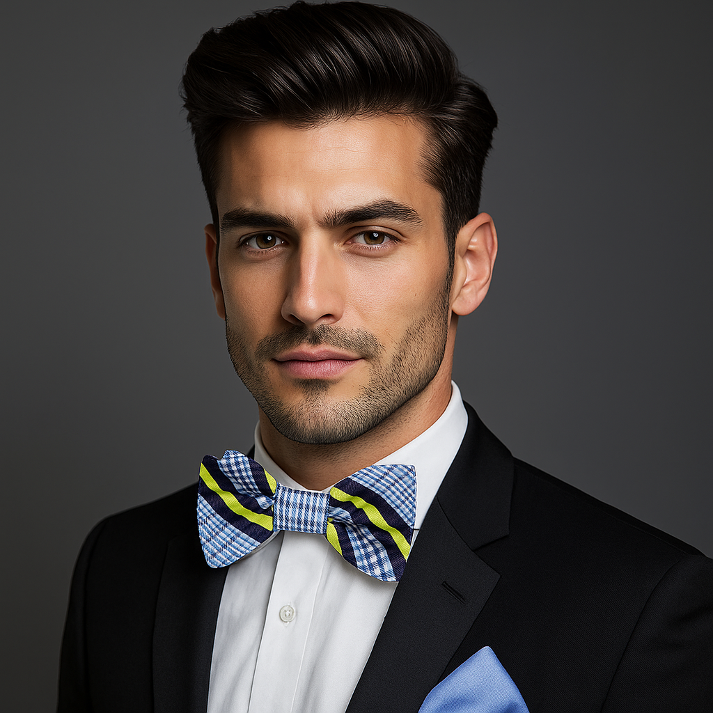 Close-up of the Vibrant Blue Plaid Bow Tie showcasing its bold colors and detailed plaid pattern.