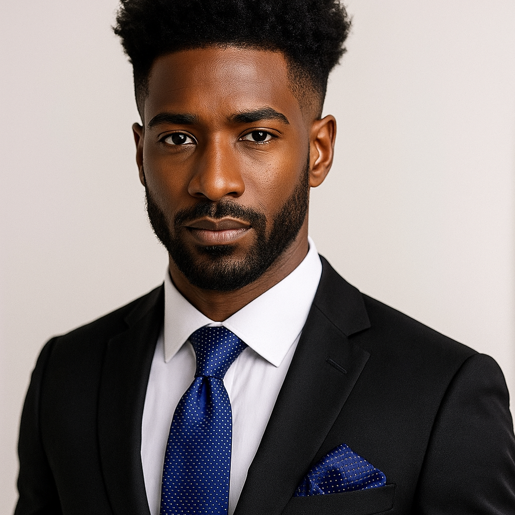 Close-up view of the dark blue silk tie with white geometric checks, showcasing the fabric texture and pattern.
