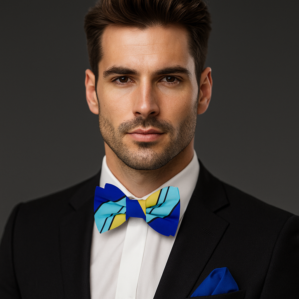 Close-up of the vibrant blue and yellow silk bow tie showcasing its bold stripe pattern.