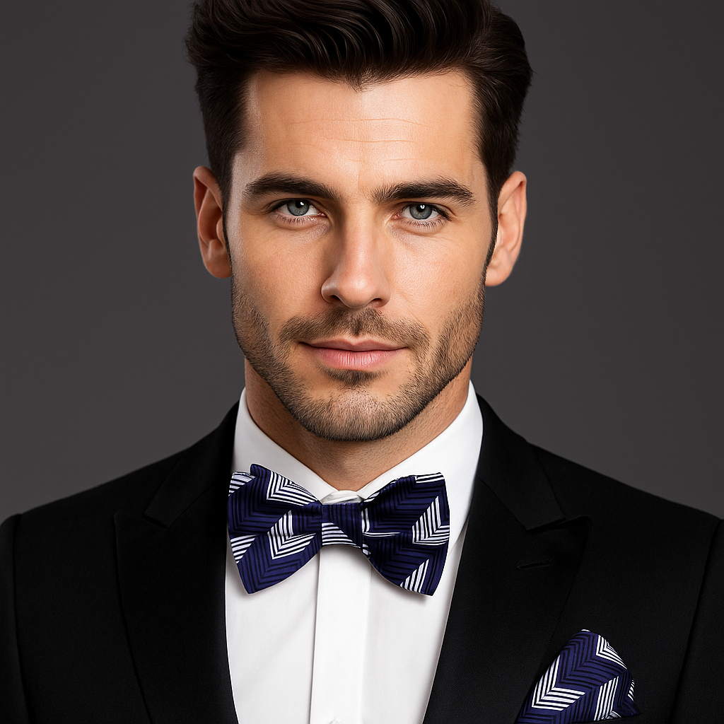 Styled image of a man wearing a red chevron bow tie with silver accents at a wedding