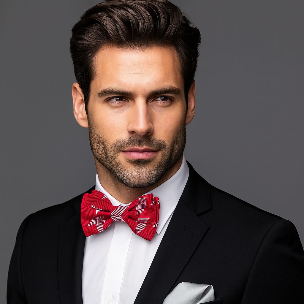Close-up of a pre-tied chevron bow tie with adjustable neck size for men