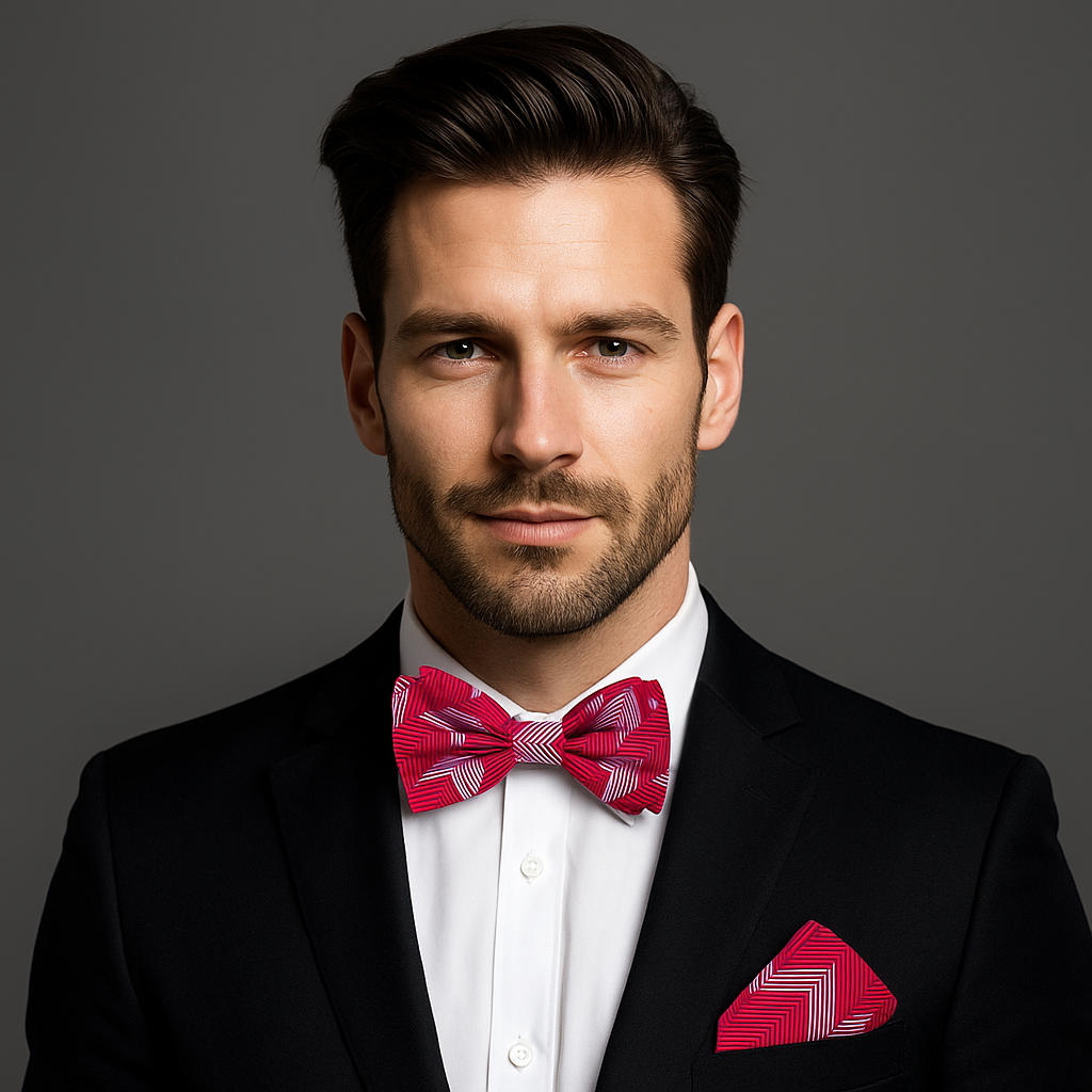 Front view of dark blue chevron bow tie with light grey lines, ideal for formal wear