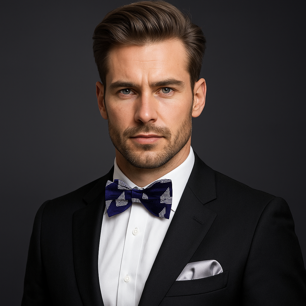 Front view of dark blue chevron bow tie with light grey lines, ideal for formal wear