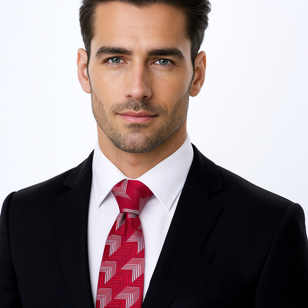 Close-up of a red chevron necktie with silver accents, perfect for modern formal looks