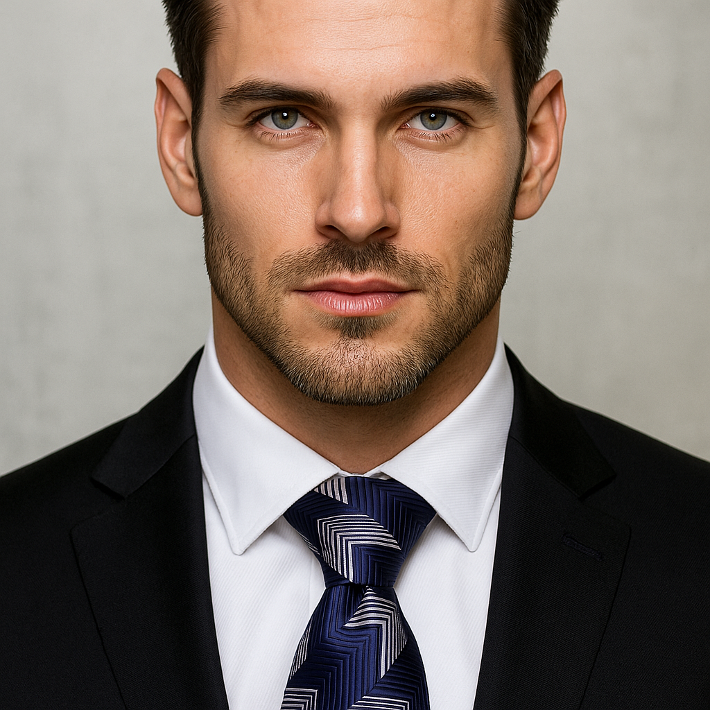 Front view of a chevron necktie in dark blue with light grey lines, ideal for formal events
