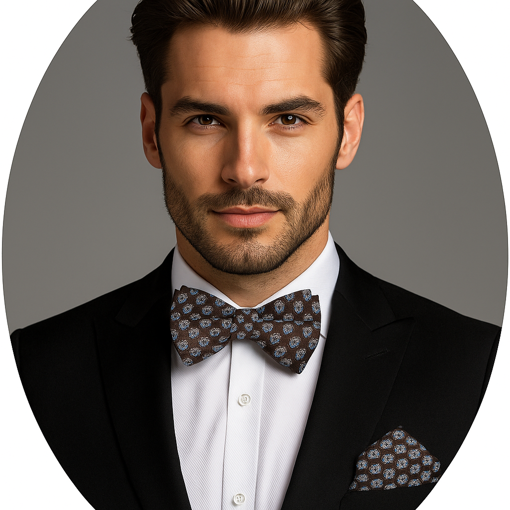 Close-up of blue circles self-tie bow tie showcasing its playful pattern.