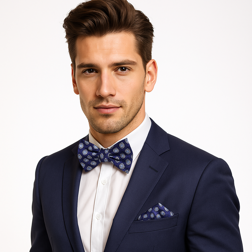Close-up of blue circles self-tie bow tie showcasing its playful pattern.