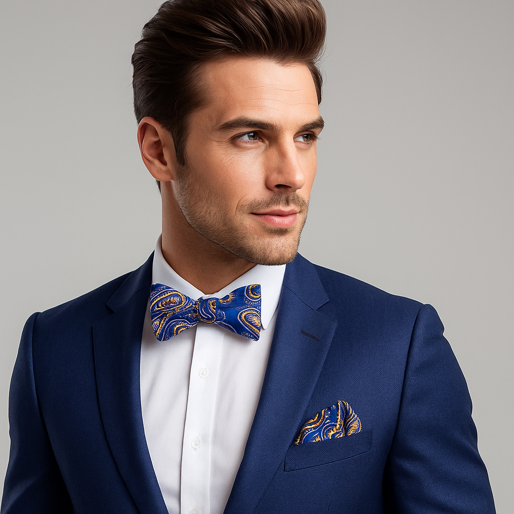 Elegant blue and gold paisley bow tie with matching pocket square