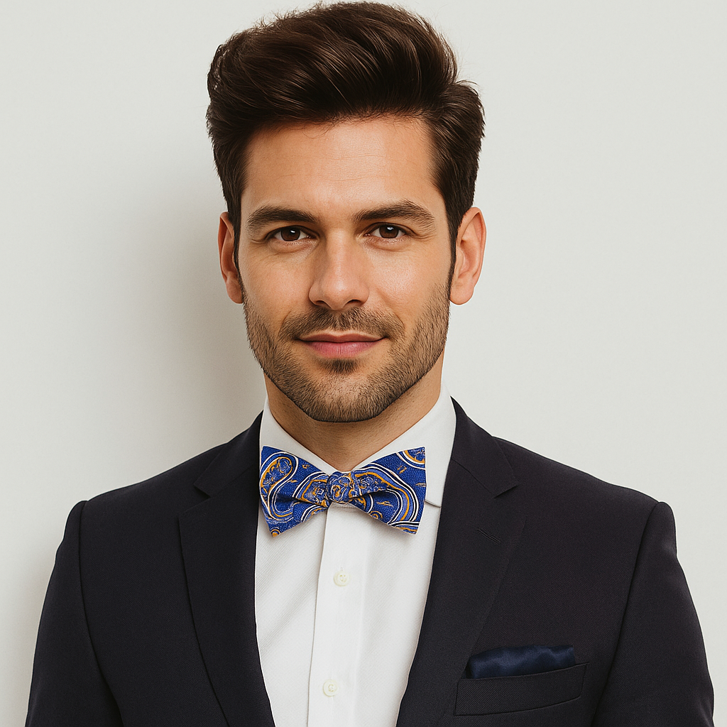 Close-up of paisley pattern on blue and gold self-tie bow tie