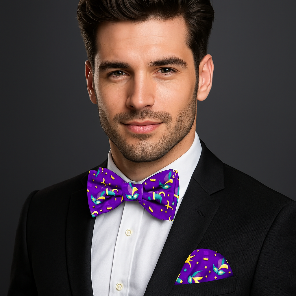 Close-up of Mardi Gras bow tie with vibrant hats and masks pattern