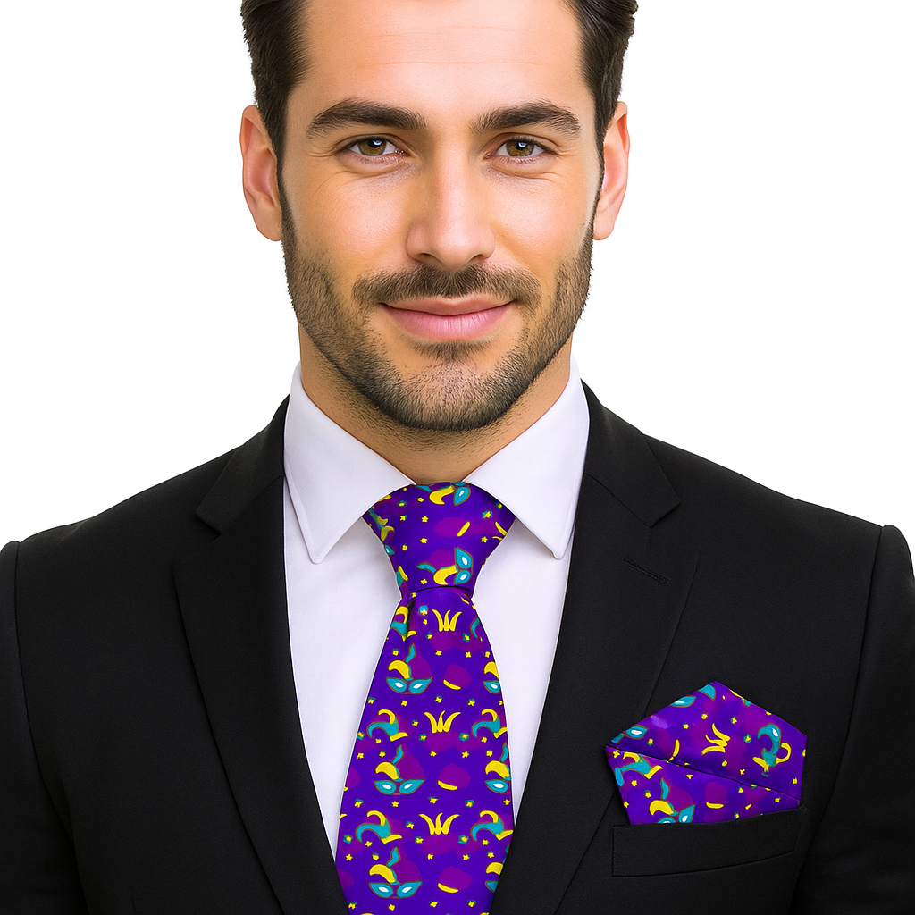 Close-up of Mardi Gras tie with colorful masks and hats for festive events